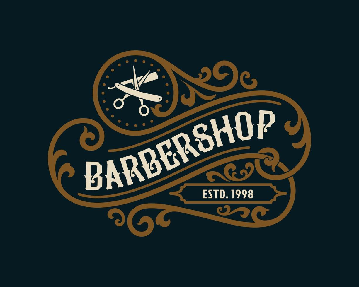 insigne de logo de cadre de luxe vintage de salon de coiffure avec ornement victorien s'épanouir vecteur