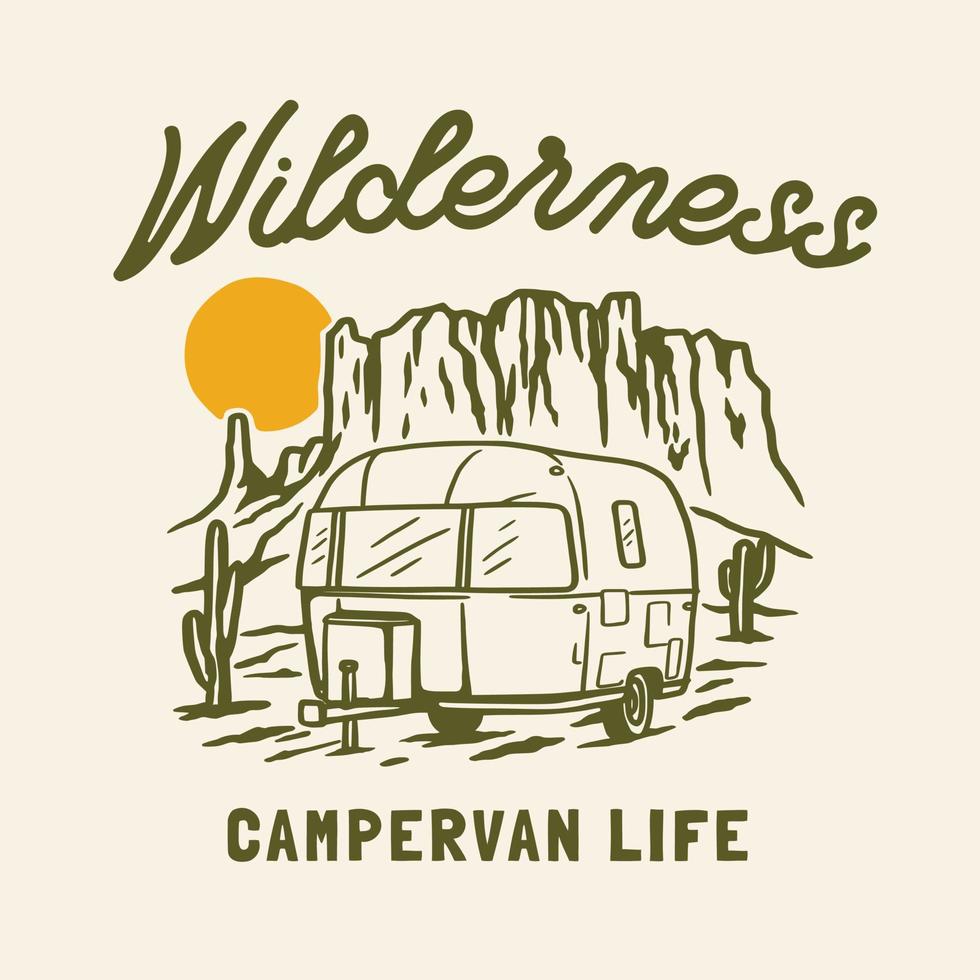 camping-car aventure en plein air ligne dessinée à la main aventure illustration logo badge vecteur
