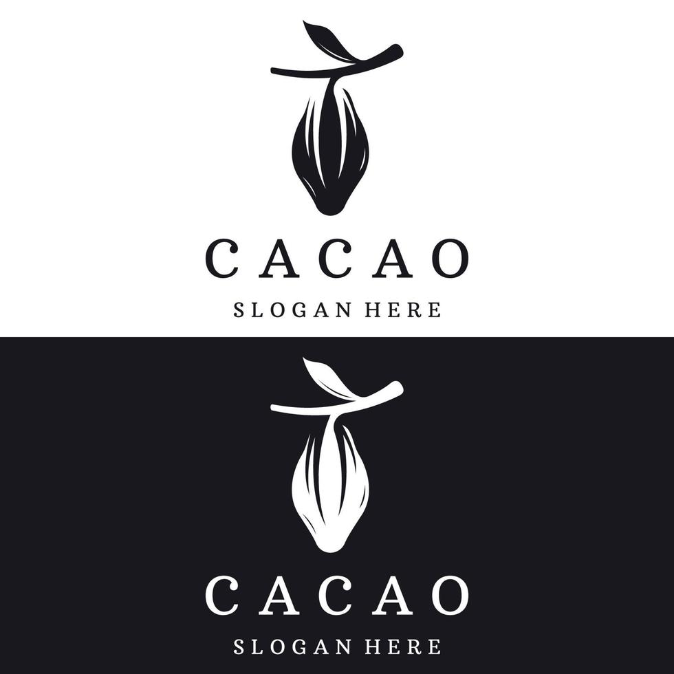 conception de modèle de logotype de plante de gousse de cacao au chocolat, fève de cacao, arrière-plan isolé de plante biologique exotique. vecteur