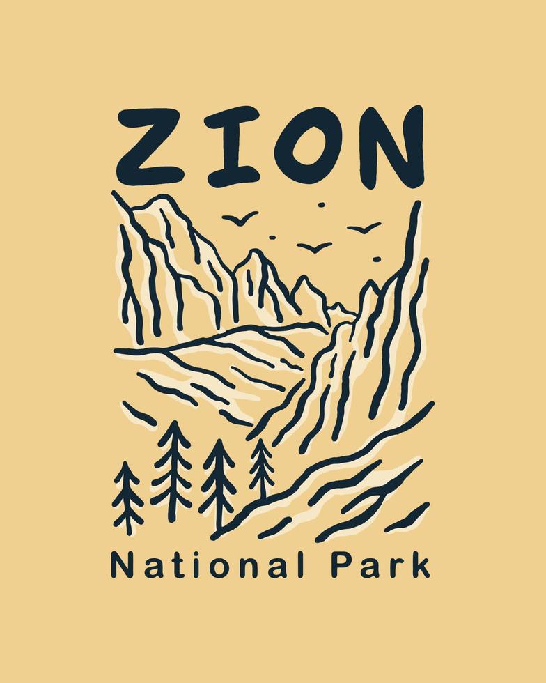 conception vintage de ligne mono du parc national de zion pour t-shirt, autocollant et autre design extérieur vecteur