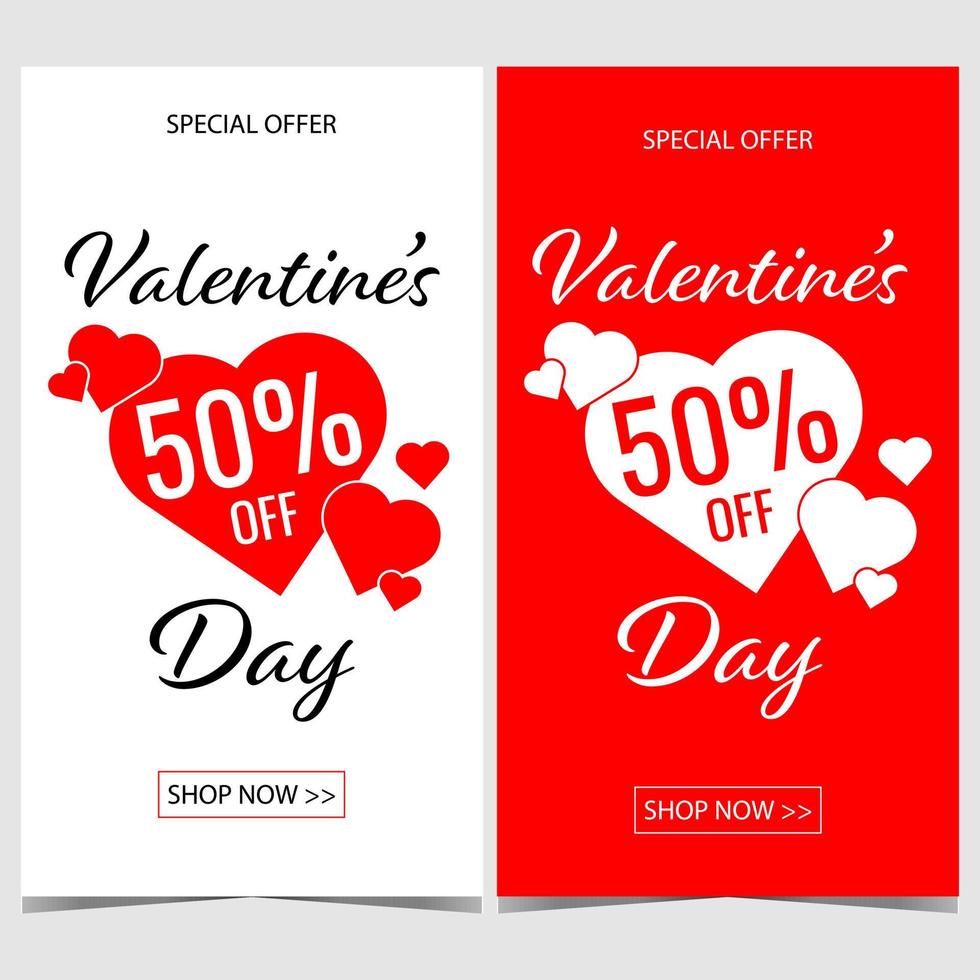 bannière vectorielle de vente de la saint-valentin avec des coeurs au milieu de l'affiche et indication du pourcentage de remise sur fond blanc ou rouge pour faire du shopping pendant les vacances de la saint-valentin le 14 février. vecteur