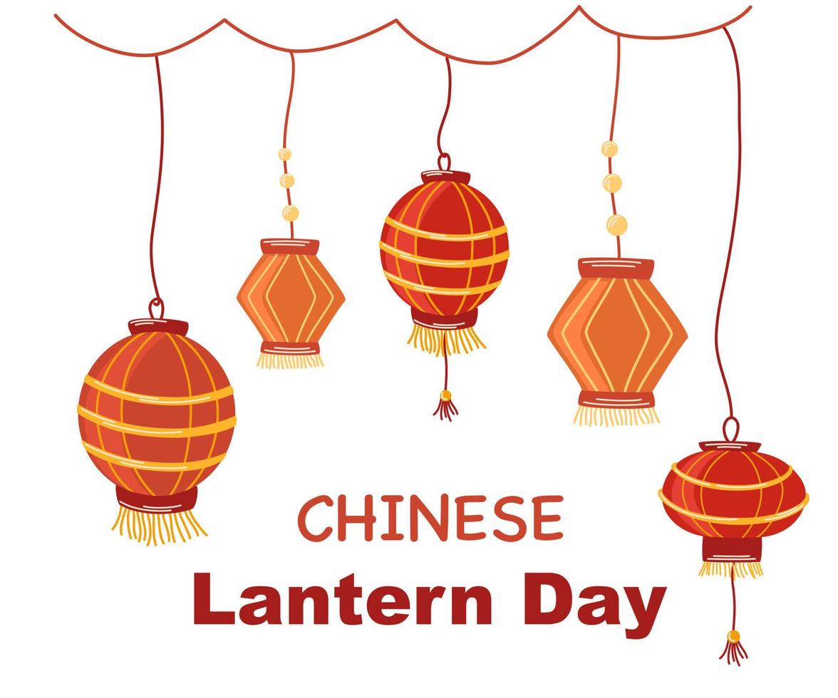 jour de la lanterne chinoise. lanternes traditionnelles chinoises en papier rouge. affiche, 20 avril. jour important. illustration vectorielle dessinés à la main isolé sur fond blanc. vecteur