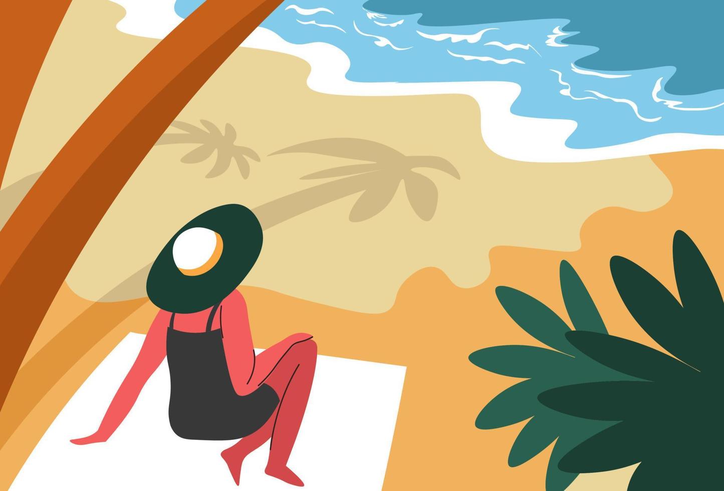 femme se reposant au bord de la mer à l'ombre des palmiers vecteur