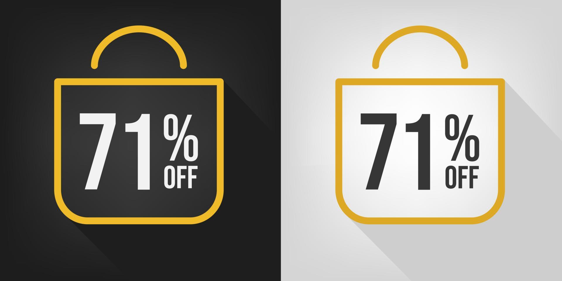 71 pour cent de réduction. bannière noire, blanche et jaune avec soixante et onze pour cent de réduction. vecteur de concept de sac à provisions.