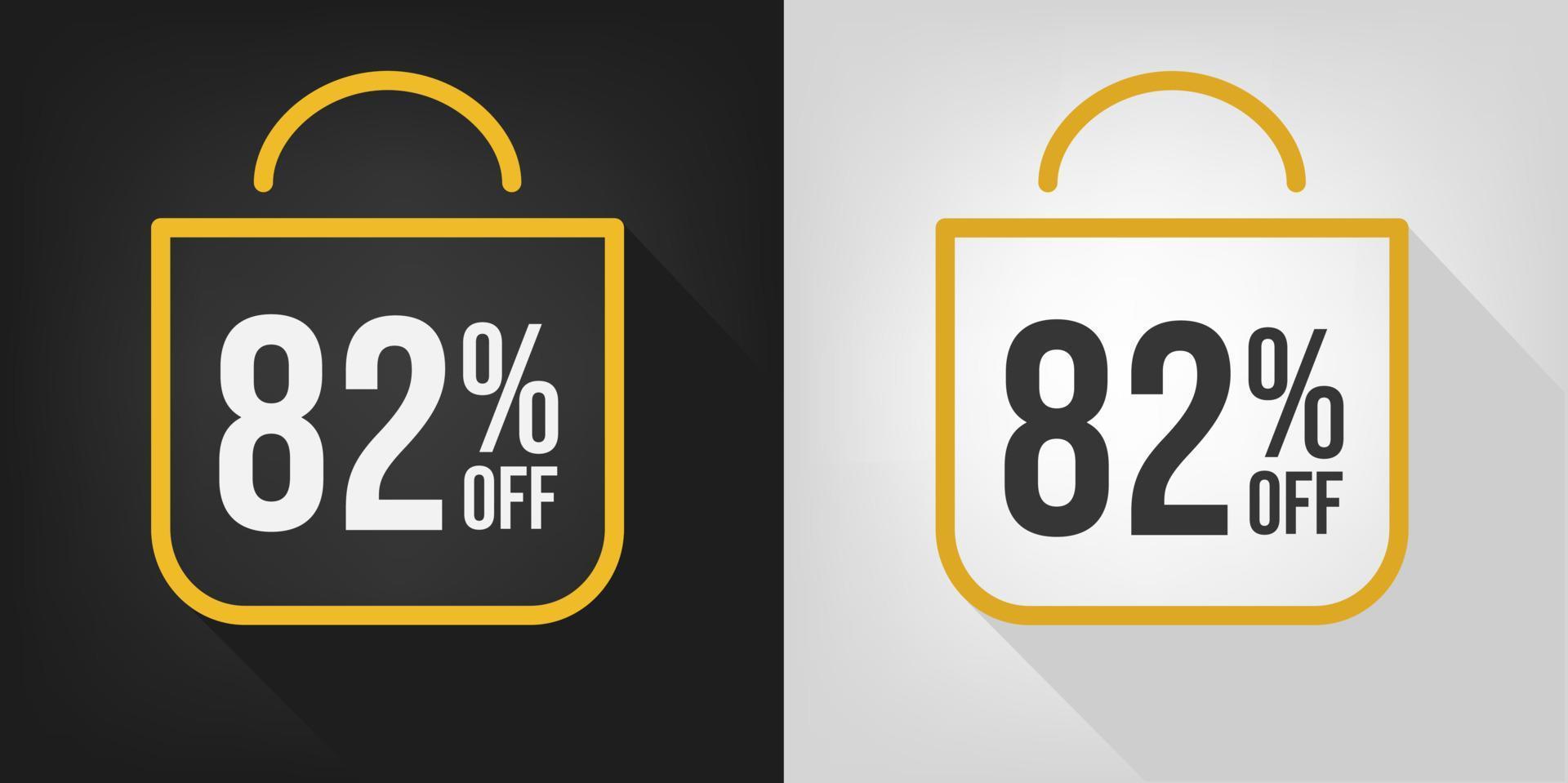 82 pour cent de réduction. bannière noire, blanche et jaune avec quatre-vingt-deux pour cent de réduction. vecteur de concept de sac à provisions.