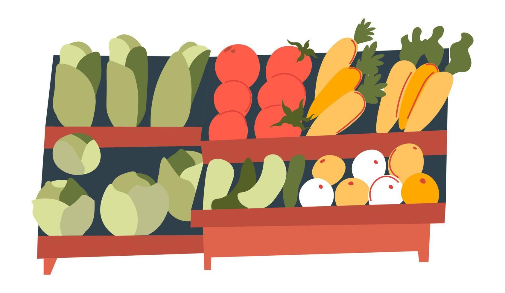 étagères du marché avec le vecteur de tomates et de carottes