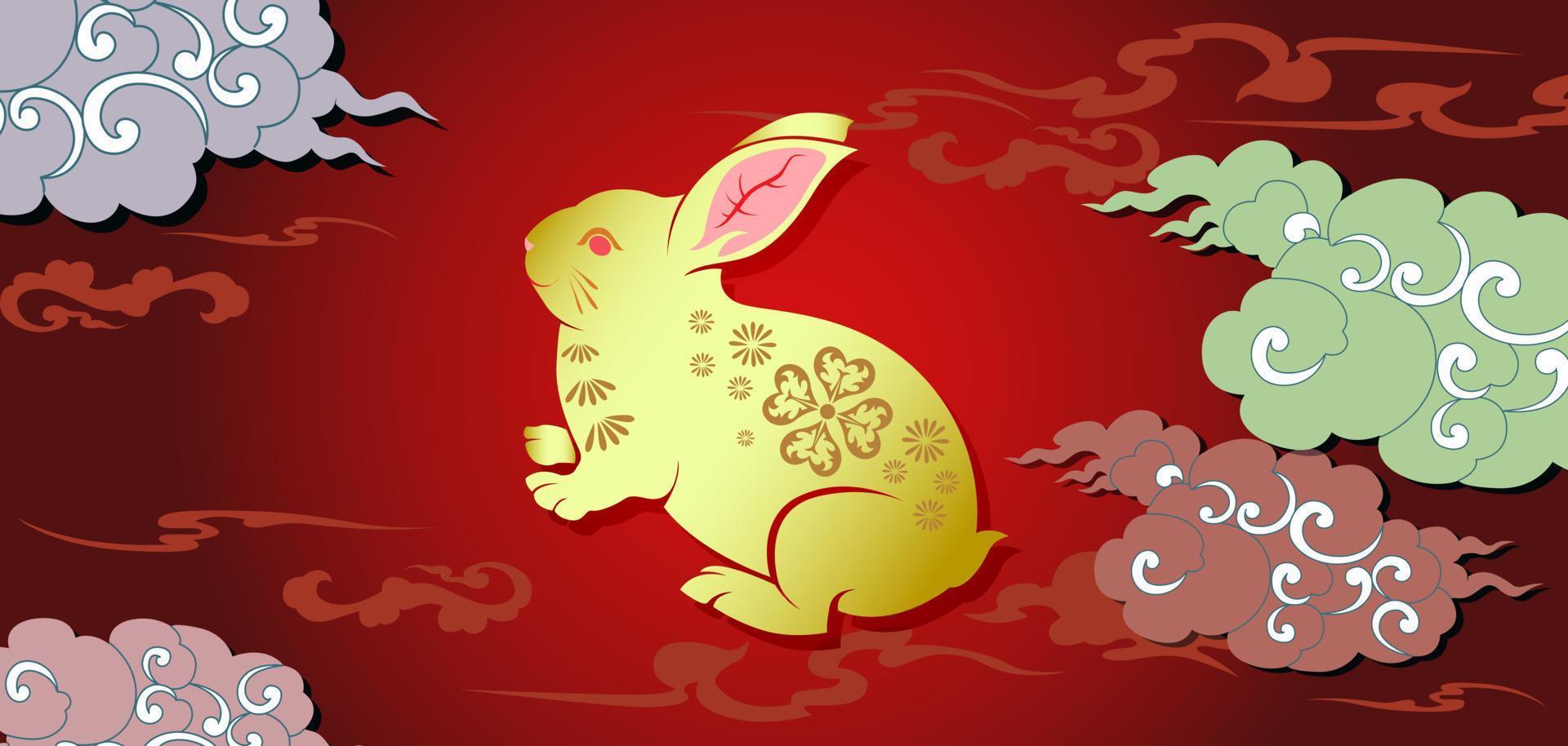 joyeux nouvel an chinois 2023 année du signe du zodiaque lapin avec des éléments asiatiques dans un style de coupe de papier doré sur un fond de couleur.bonne année. vecteur