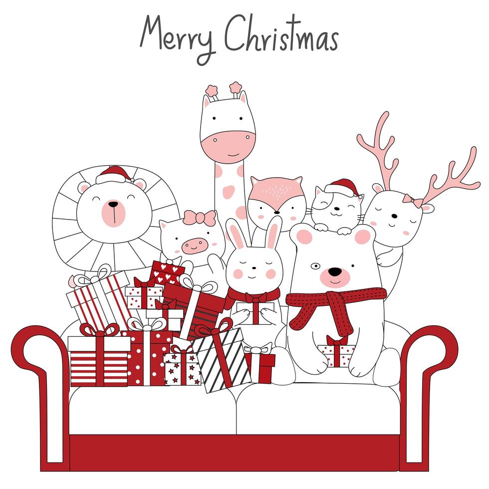 conception de Noël avec des animaux mignons et des cadeaux sur le canapé vecteur