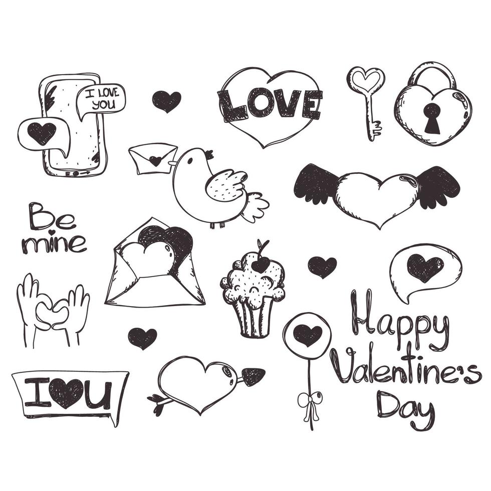 saint valentin défini l'amour. clipart d'amour. de nombreux objets romantiques divers. éléments dessinés à la main sur l'amour. main dessinée doodle amour et sentiments collection illustration vectorielle fragmentaire vecteur