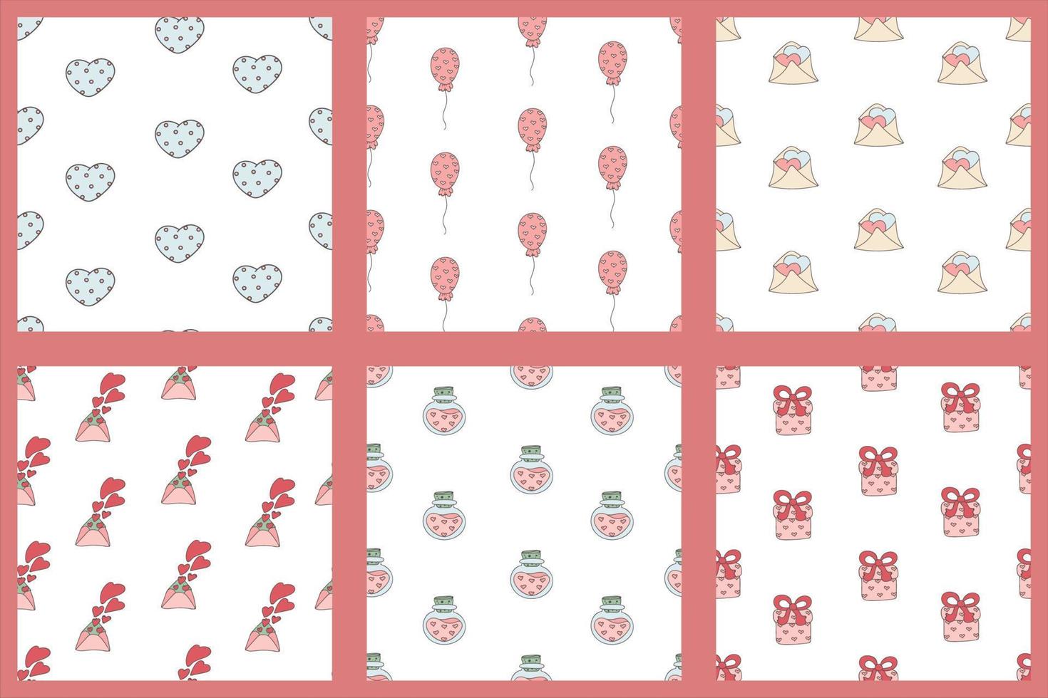 ensemble de motifs vectoriels sans couture de style doodle de collection mignonne. collection de fond d'amour de la saint valentin. aime les formes, les silhouettes. vecteur