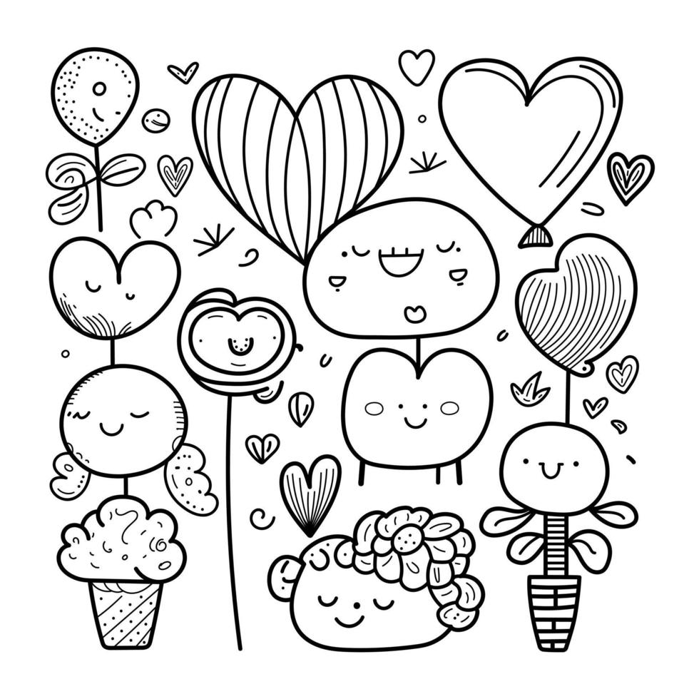 dessinés à la main saint valentin dessins doodle ensemble d'éléments amour romance coeurs fleurs illustration de carte saint valentin vecteur