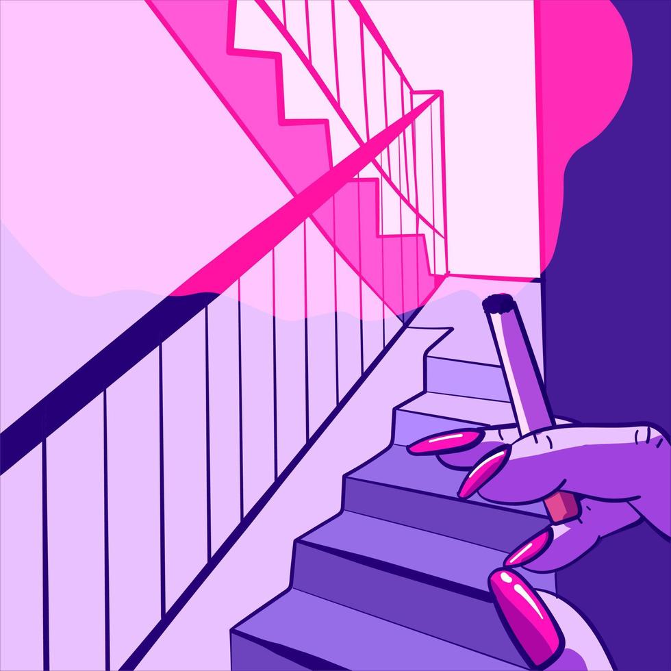 illustration psychédélique et trippante de la main d'une femme tenant une cigarette. fille sur un escalier en train de fumer. vecteur d'art punk néon