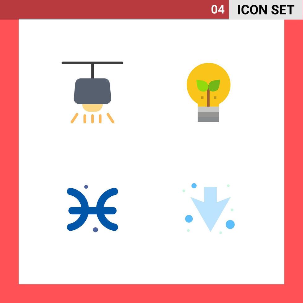 pack d'icônes plates de 4 symboles universels de lustre poissons éco lumière flèche éléments de conception vectoriels modifiables vecteur