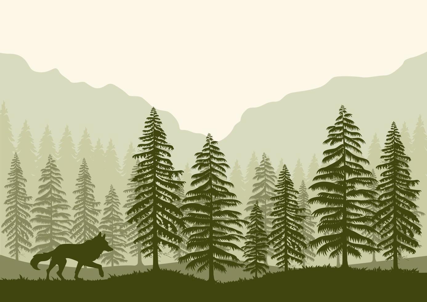paysage forestier et illustration vectorielle de loup avec une silhouette verte. vecteur
