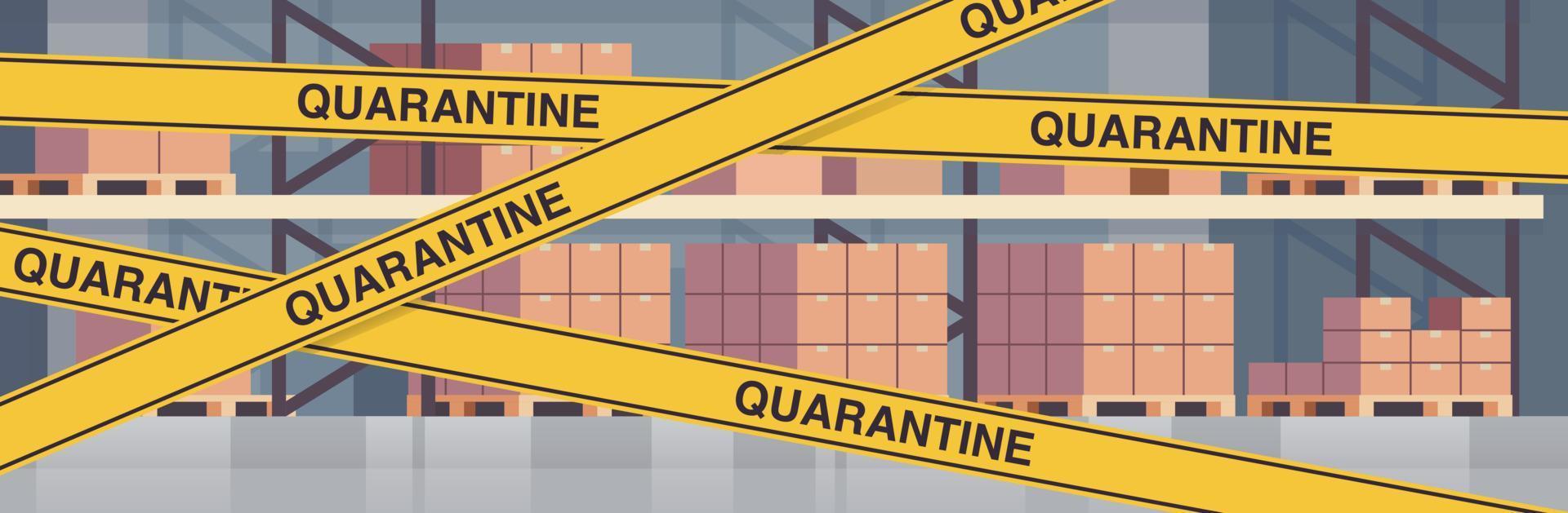 intérieur d'entrepôt vide sans personne plein de cargaison avec bande de crise jaune quarantaine pandémique de coronavirus et illustration vectorielle plane de concept de bannière horizontale intérieure d'entrepôt moderne. vecteur