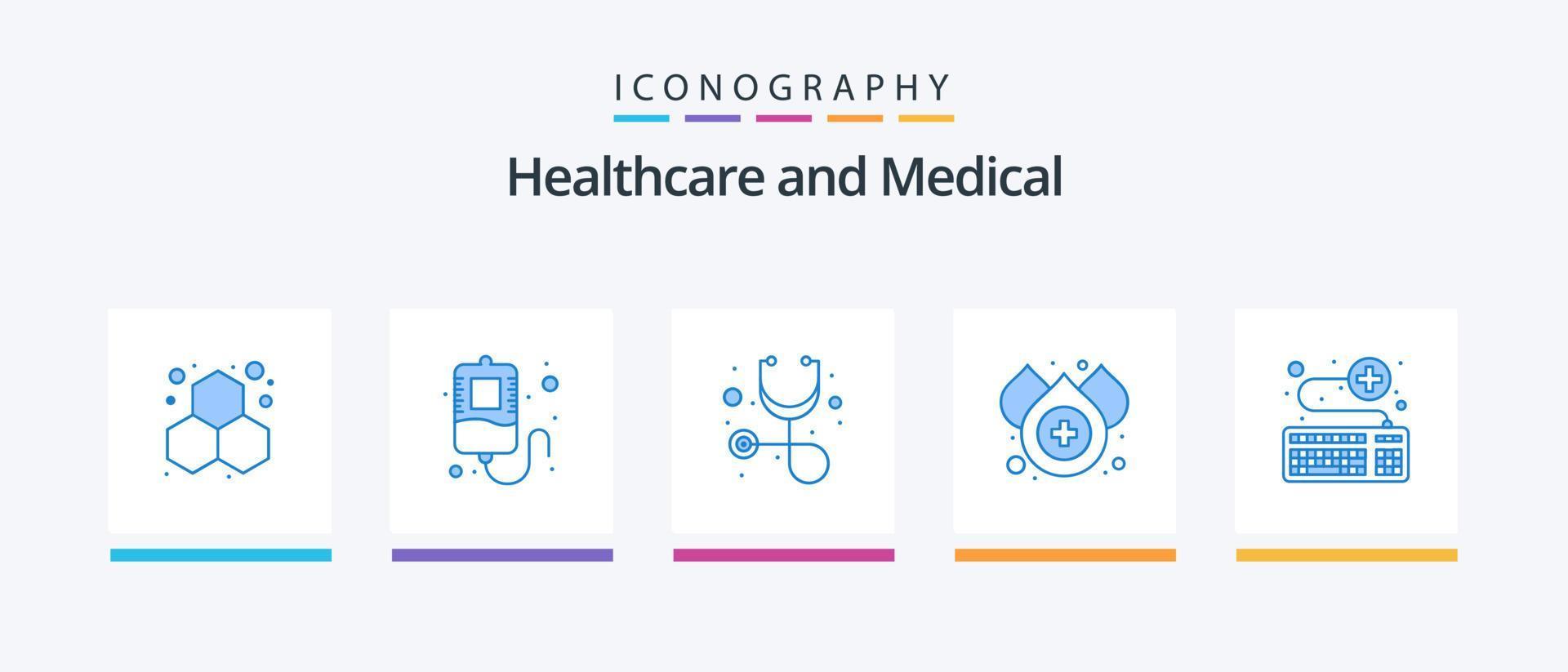 pack d'icônes bleu médical 5, y compris le service. en ligne. soins de santé. clavier. l'eau. conception d'icônes créatives vecteur