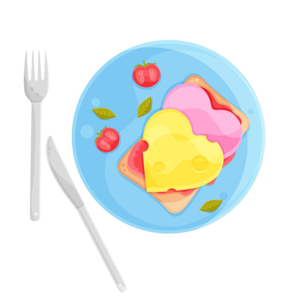 illustration vectorielle petit-déjeuner romantique, sandwichs au fromage et à la saucisse, couverts, dessin à la main vecteur