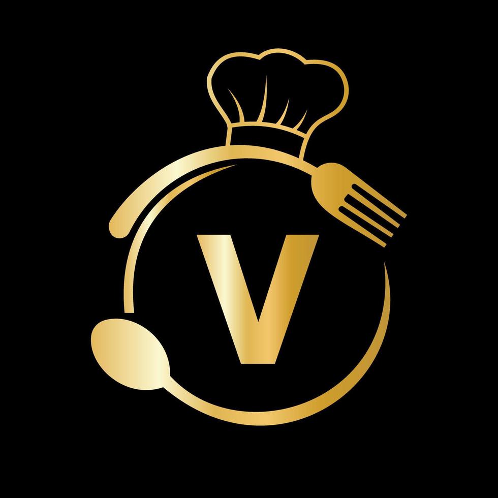 logo du restaurant sur la lettre v avec chapeau de chef, symbole de cuillère et de fourchette pour signe de cuisine, icône de café, restaurant, image vectorielle d'entreprise de cuisine vecteur
