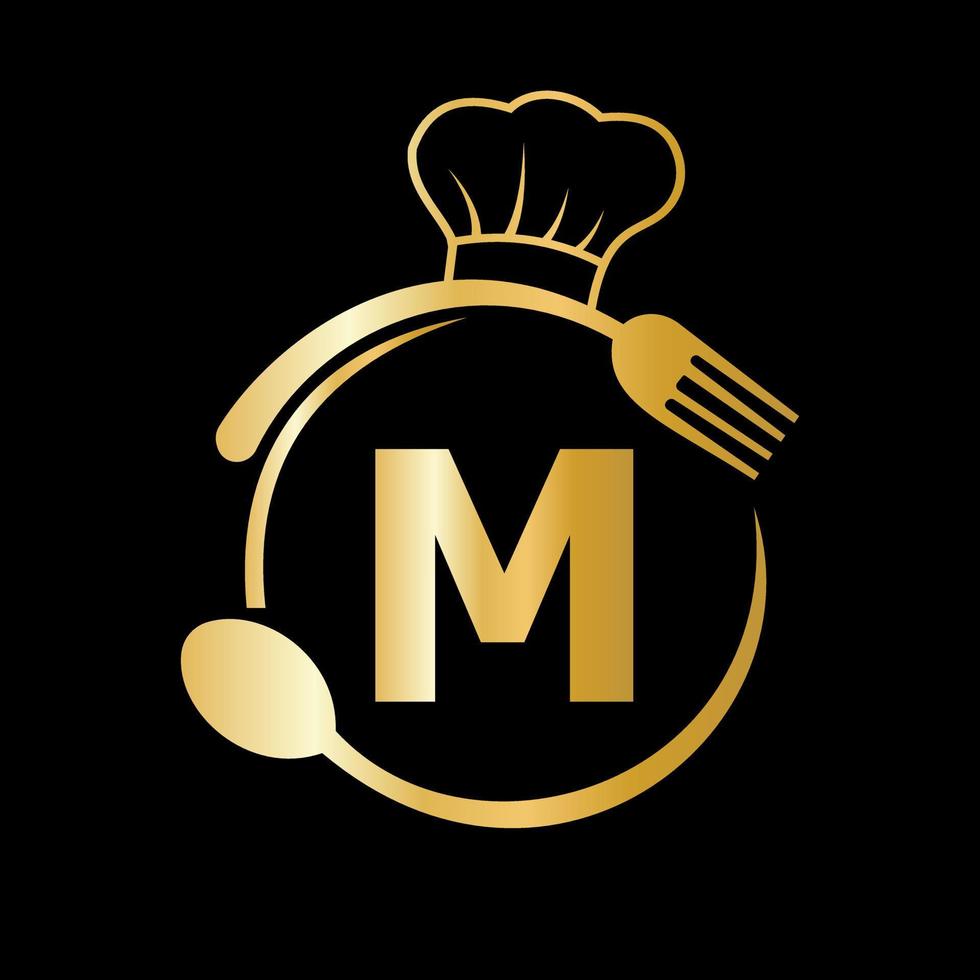 logo du restaurant sur la lettre m avec chapeau de chef, symbole de cuillère et de fourchette pour signe de cuisine, icône de café, restaurant, image vectorielle d'entreprise de cuisine vecteur