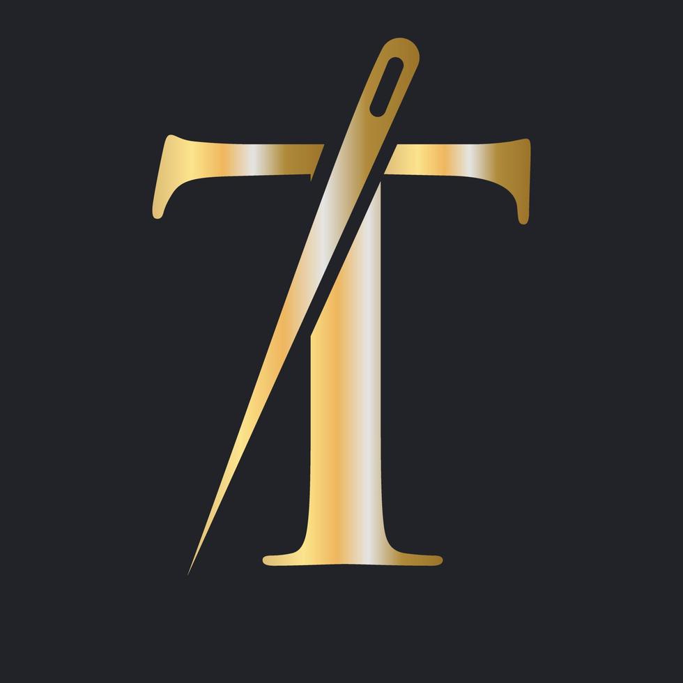 lettre initiale t logo sur mesure, combinaison d'aiguilles et de fils pour la broderie, le textile, la mode, le tissu, le tissu, le modèle de couleur dorée vecteur