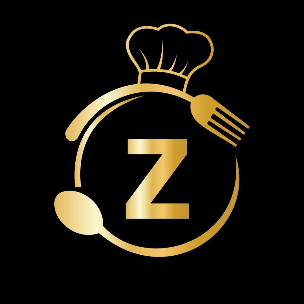 logo du restaurant sur la lettre z avec chapeau de chef, symbole de cuillère et de fourchette pour signe de cuisine, icône de café, restaurant, image vectorielle d'entreprise de cuisine vecteur