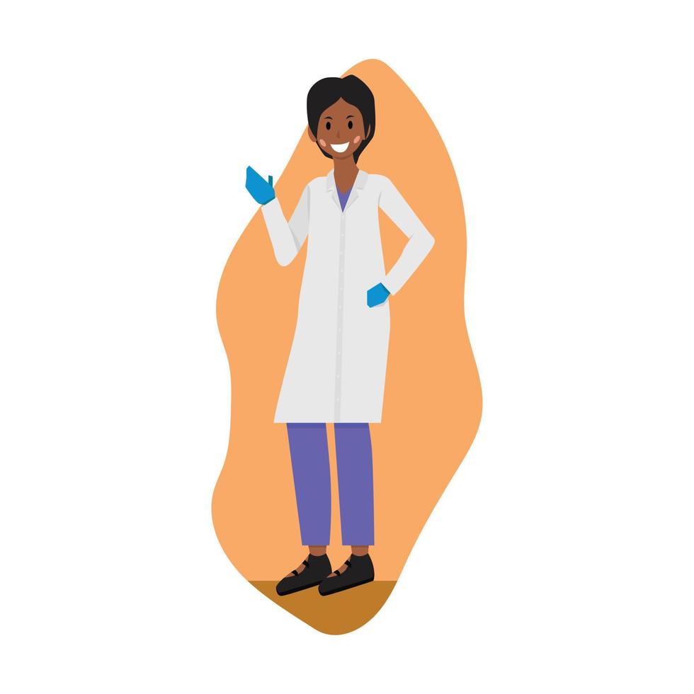 personnage de dessin animé plat de femme science recherche présentation du centre de laboratoire expliquer parler vecteur