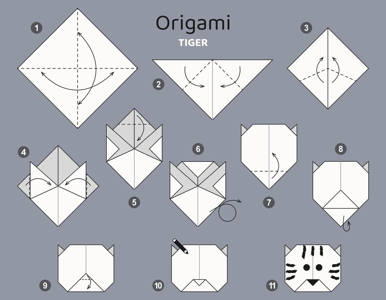 schéma d'origami de tigre de tutoriel. éléments d'origami isolés sur fond gris. origami pour les enfants. étape par étape comment faire un tigre en origami. illustration vectorielle. vecteur