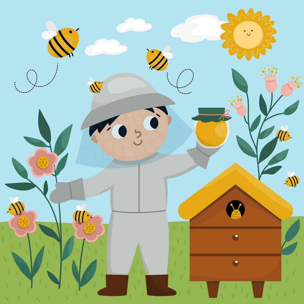 scène vectorielle avec pot de miel d'apiculteur, abeille, ruche. enfant mignon faisant l'icône de travail agricole. paysage paysan rural. enfant en uniforme de protection. illustration drôle de champ de ferme vecteur