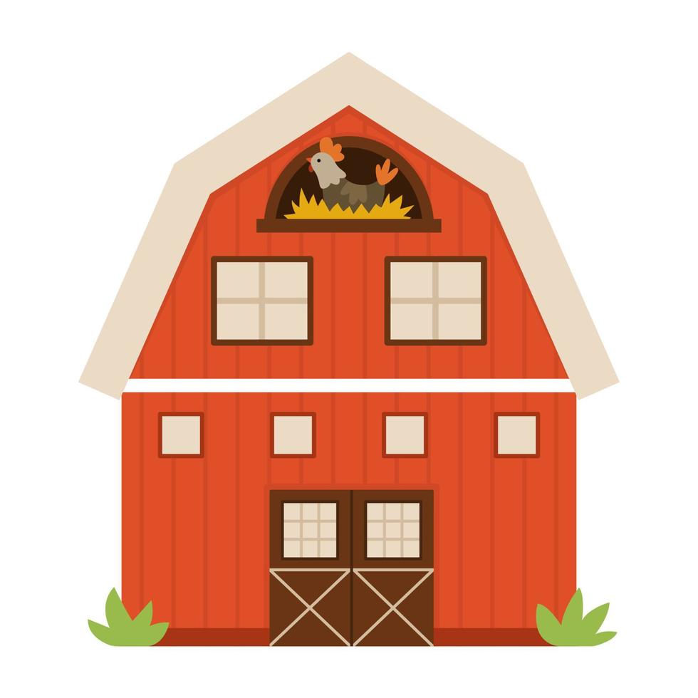 icône de grange de vecteur isolé sur fond blanc. illustration de hangar de ferme plat. adorable bûcher rouge avec fenêtres et poule dans le nid. image de dépendance rurale ou de jardin