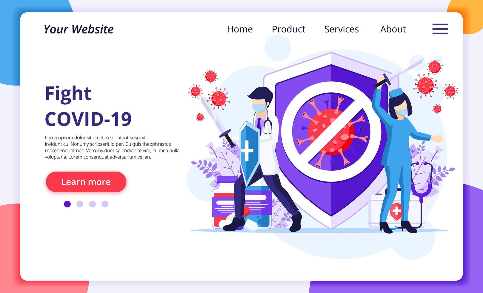 combattre le concept de virus, le médecin et les infirmières utilisent l'épée et le bouclier pour lutter contre le coronavirus covid-19. modèle de conception de page de destination web plat moderne. illustration vectorielle vecteur