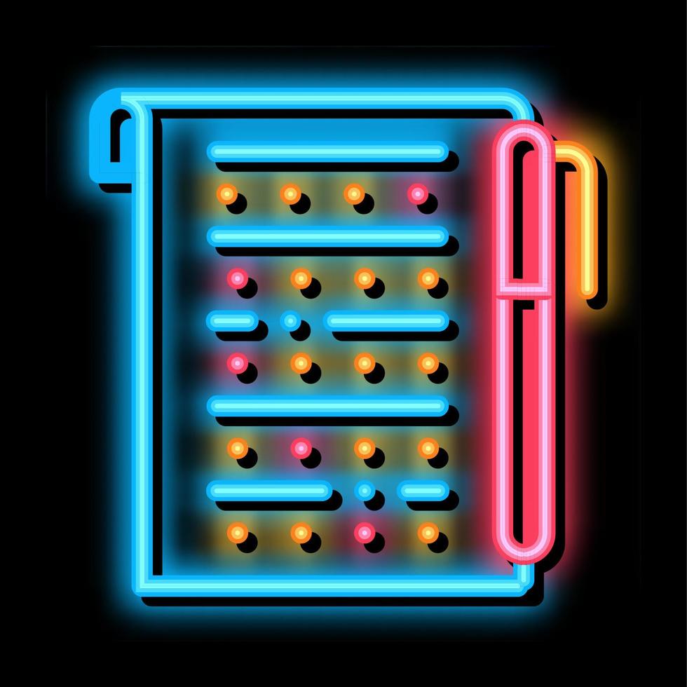 feuille d'examen avec illustration d'icône de lueur au néon stylo vecteur