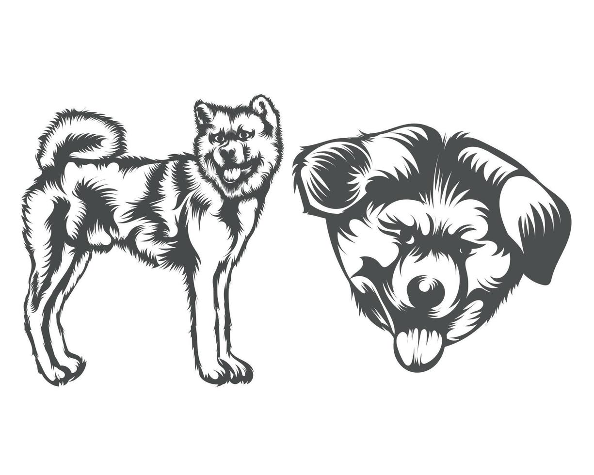 illustration de visage de chien akita, silhouette de visage de chien noir et blanc vecteur