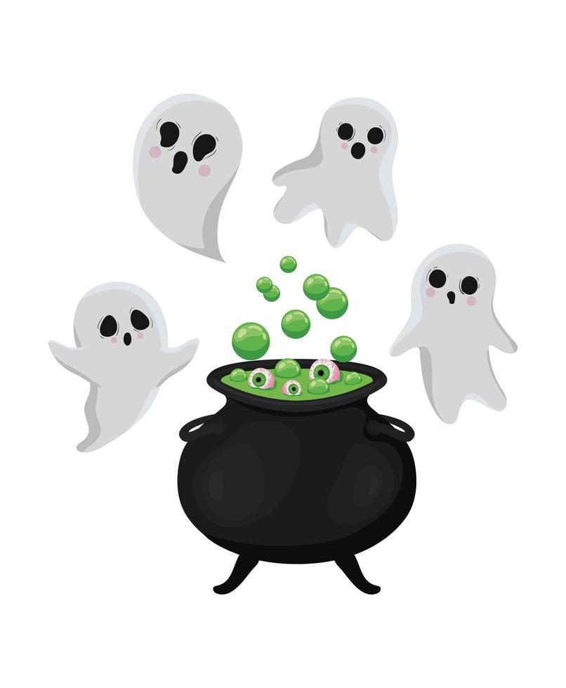 dessins animés de fantômes d'halloween avec un design de bol de sorcière vecteur