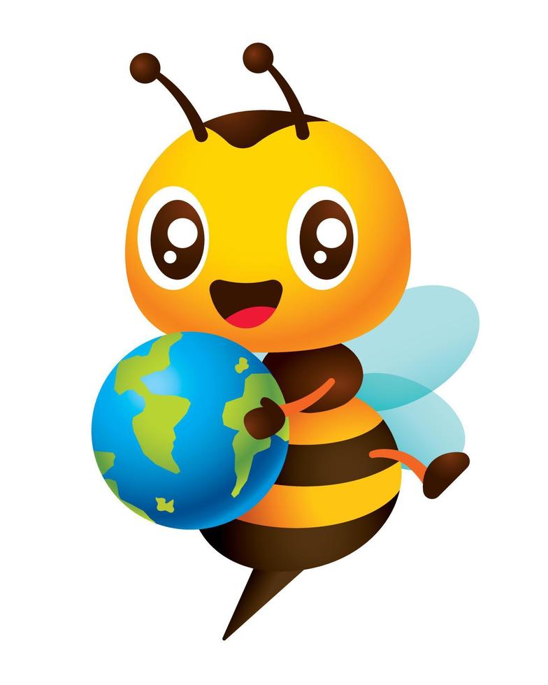 concept de durabilité écologique. dessin animé mignon abeille tenant illustration de personnage de globe vecteur