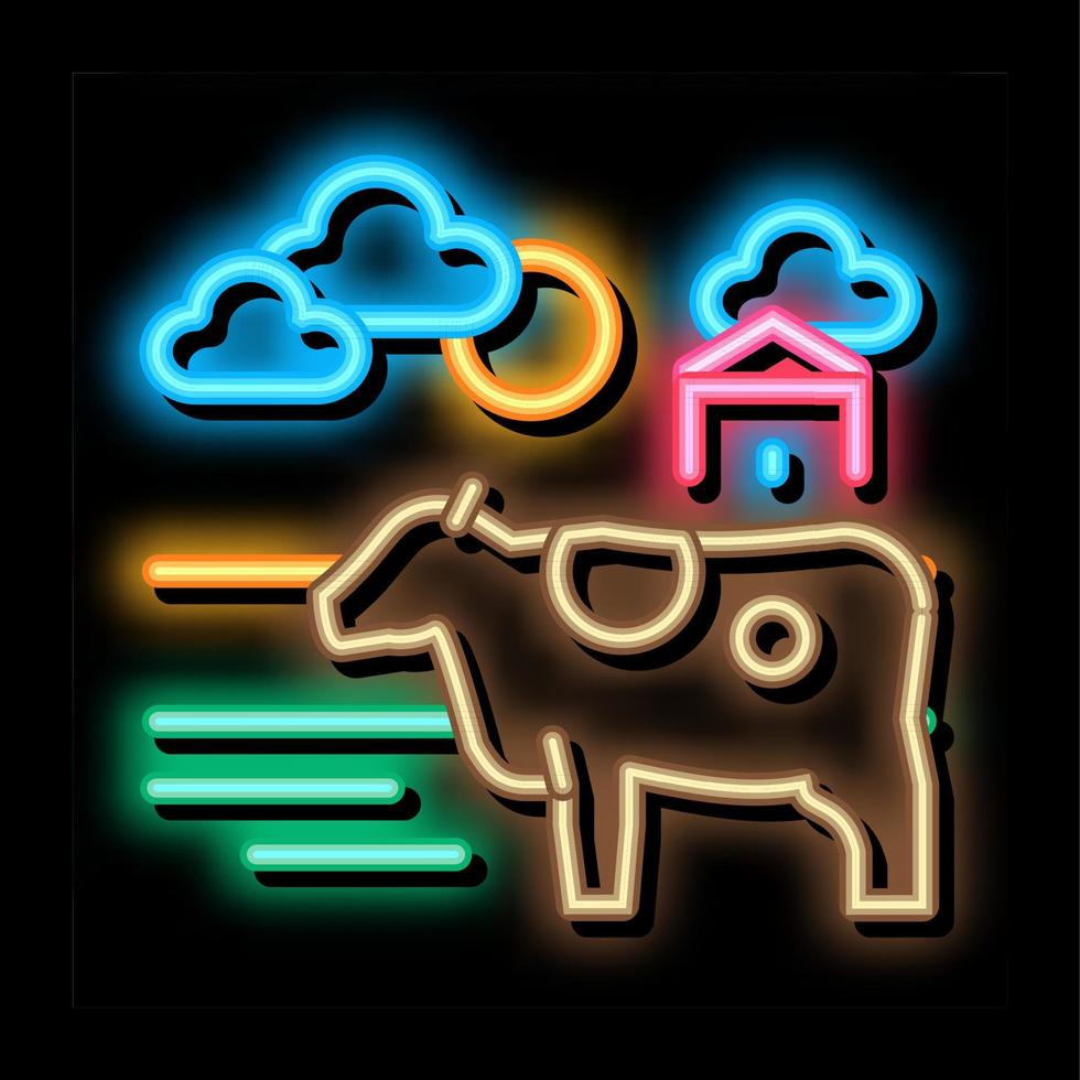 vache tachetée dans l'illustration de l'icône de lueur au néon du village vecteur
