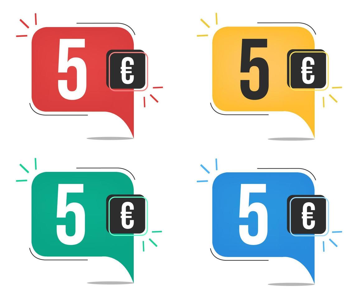 Prix 5 euros. étiquettes de devise jaunes, rouges, bleues et vertes. concept de ballon avec cinq euros pour les ventes. vecteur