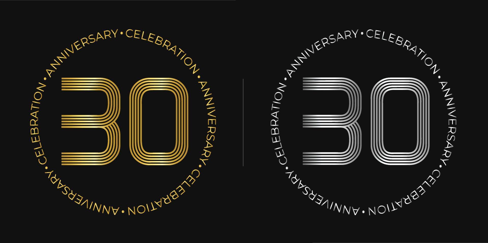 30e anniversaire. bannière de célébration d'anniversaire de trente ans aux couleurs dorées et argentées. logo circulaire avec des chiffres originaux aux lignes élégantes. vecteur