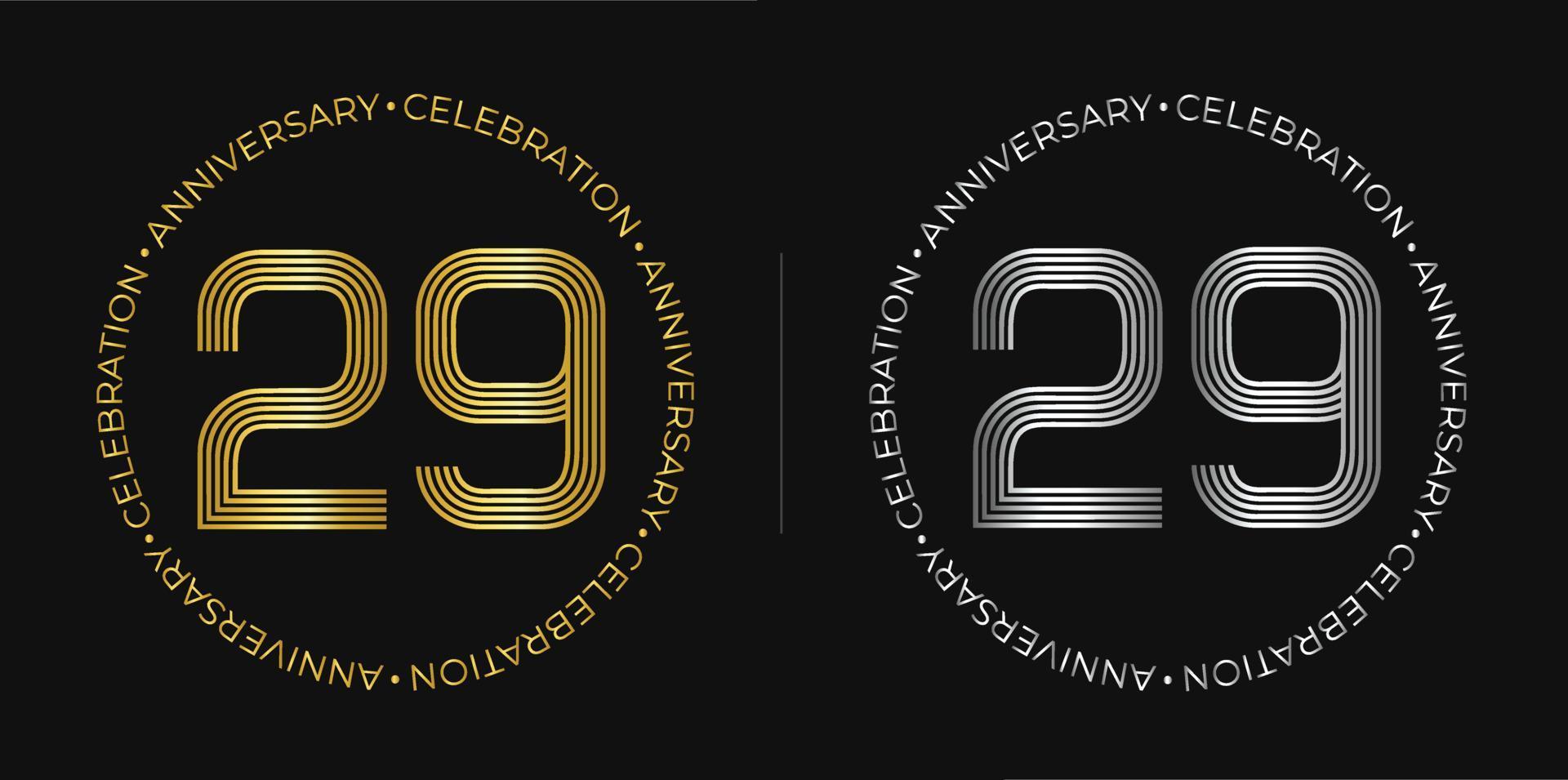 29e anniversaire. bannière de célébration d'anniversaire de vingt-neuf ans aux couleurs dorées et argentées. logo circulaire avec un design original de chiffres aux lignes élégantes. vecteur