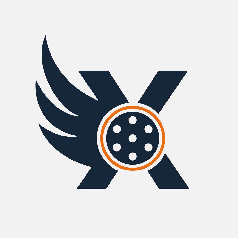 lettre initiale x logo du film. logo de film, film, plume, aile, modèle de modèle de conception de logo de bobine vecteur