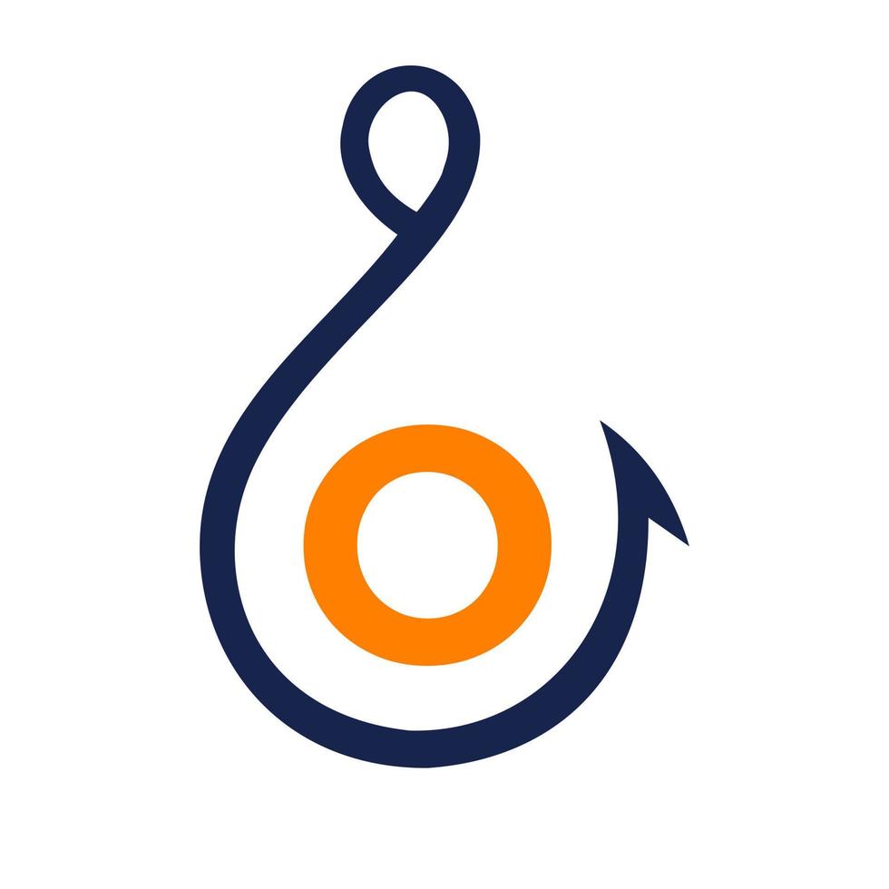 logo de pêche sur le signe de la lettre o, modèle de logo de crochet de pêche vecteur