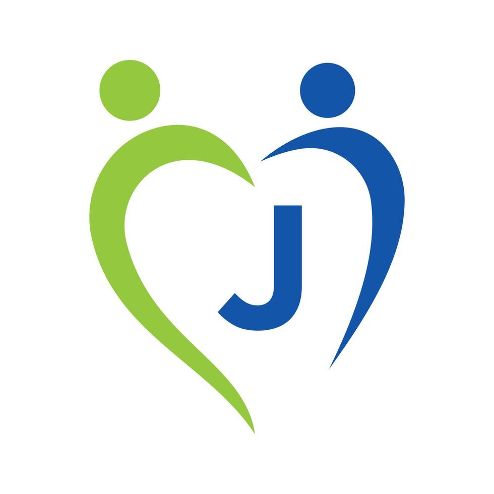 logo de soins communautaires sur le modèle vectoriel lettre j. travail d'équipe, cœur, personnes, soins familiaux, logos d'amour. fondation caritative signe de don de charité créatif