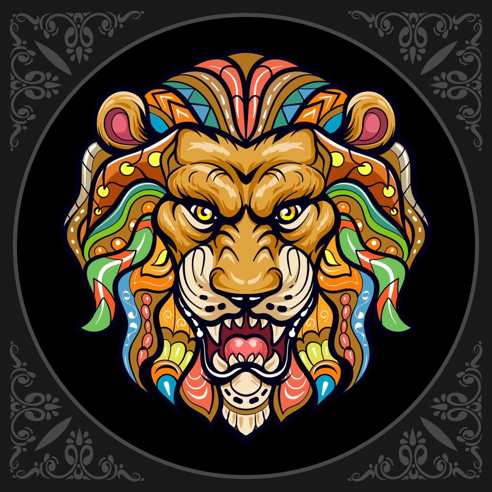 Tête de lion coloré arts mandala isolé sur fond noir vecteur