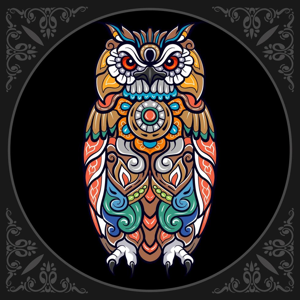 arts de mandala oiseau hibou coloré isolé sur fond noir vecteur