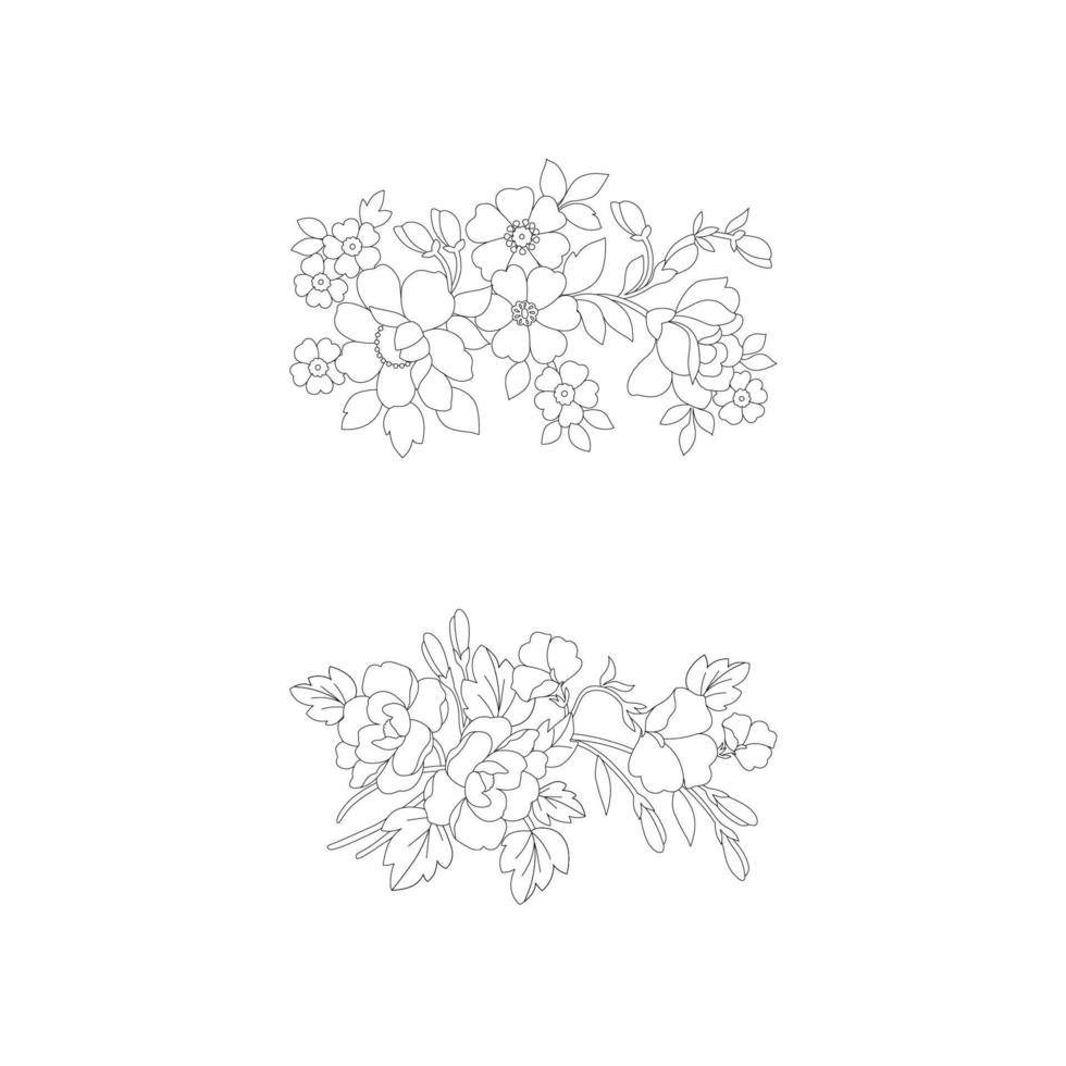 pages à colorier florales, arts de la ligne de fleurs, motifs floraux de ligne d'art de silhouette, dessin de fleur noir et blanc de contour, graphiques botaniques de contour, conception florale sur fond blanc, conception de fleur de base vecteur
