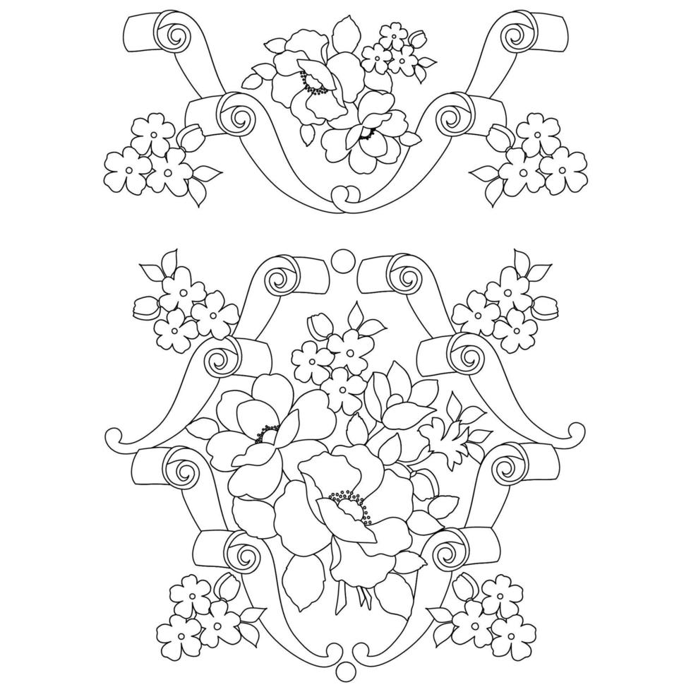 pages à colorier florales, arts de la ligne de fleurs, motifs floraux de ligne d'art de silhouette, dessin de fleur noir et blanc de contour, graphiques botaniques de contour, conception florale sur fond blanc, conception de fleur de base vecteur