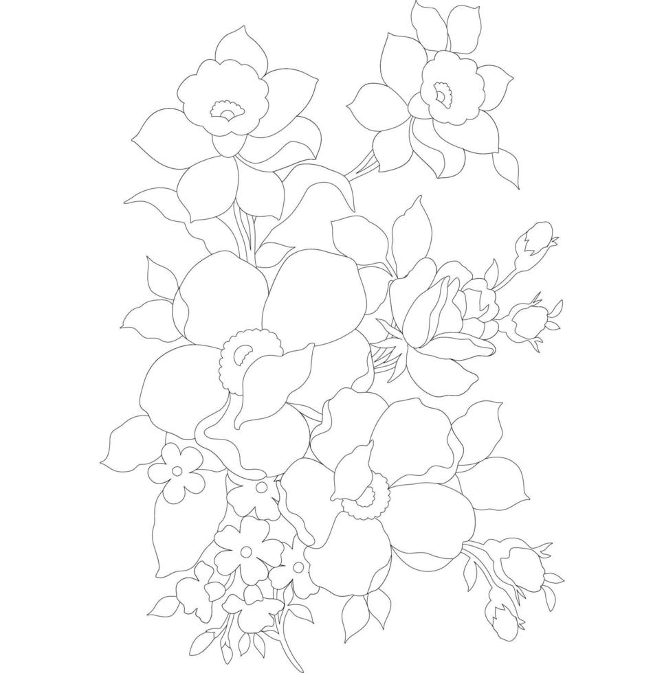 pages à colorier florales, arts de la ligne de fleurs, motifs floraux de ligne d'art de silhouette, dessin de fleur noir et blanc de contour, graphiques botaniques de contour, conception florale sur fond blanc, conception de fleur de base vecteur