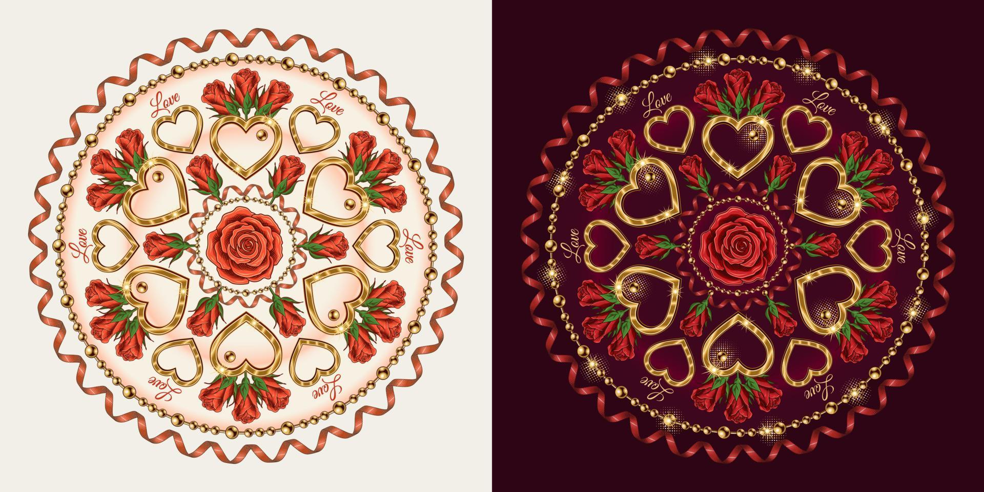 motif rond avec coeur doré, chaînes, roses, ruban en spirale, mot amour. ornement de vecteur pour mariage, événement de fiançailles, saint valentin, décoration de cadeau. pour les impressions, les vêtements, les assiettes, la conception de surface