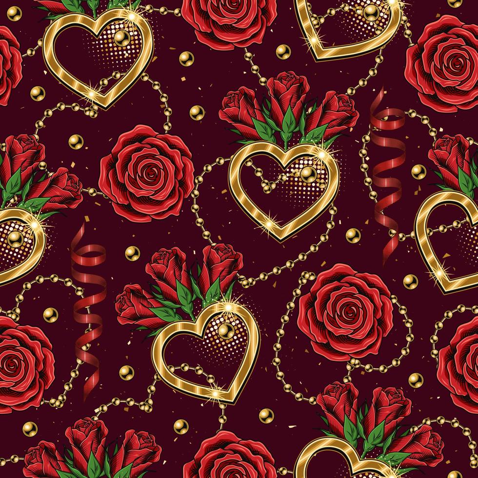 modèle sans couture de saint valentin avec symboles romantiques, chaînes en or, coeur, fleur rose, ruban en spirale, perles. modèle vectoriel pour mariage, événement de fiançailles, Saint Valentin, décoration de cadeaux.