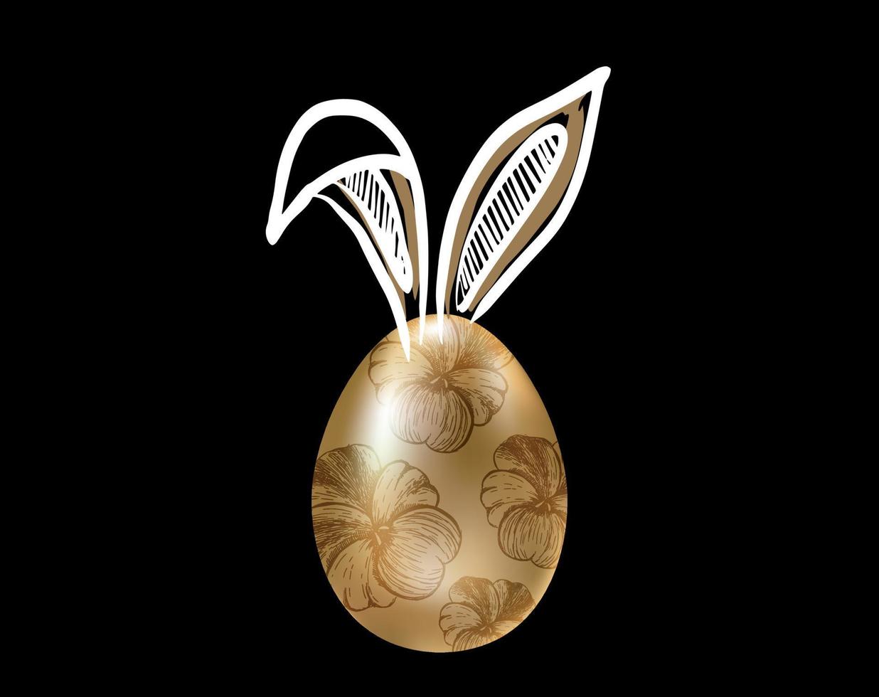 joyeuses Pâques. ensemble d'oreilles de lapins. oeufs d'or. illustration dessinée à la main. vecteur