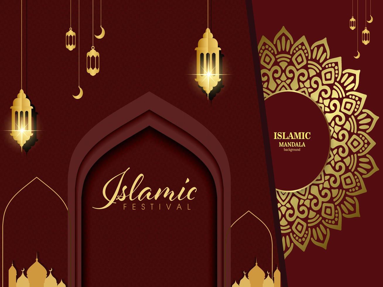 conception de carte de voeux de ramadan kareem avec calligraphie islamique d'art de mandala, affiche islamique de ramadan 'arrière-plan de ramadan kareem avec de belles lanternes mineur de mosquée et bannière arabe islamique. vecteur